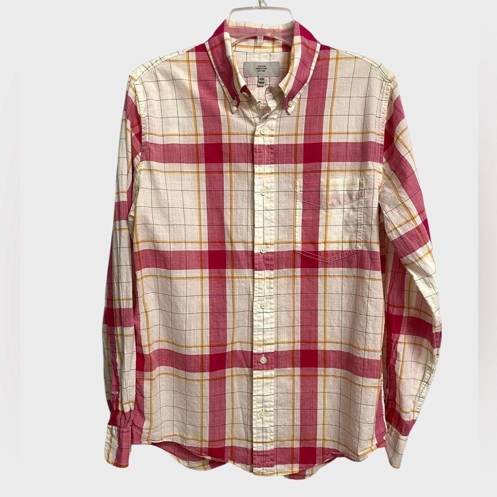 Jack Spade Button Down Plaid Shirt Men's M Off-White Pink Preppy Coastal Summer